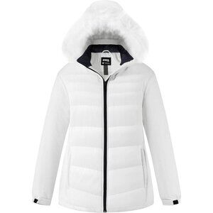 Women's White Ski Jacket Waterproof Warm Snow Winter Coat with Removable Hood